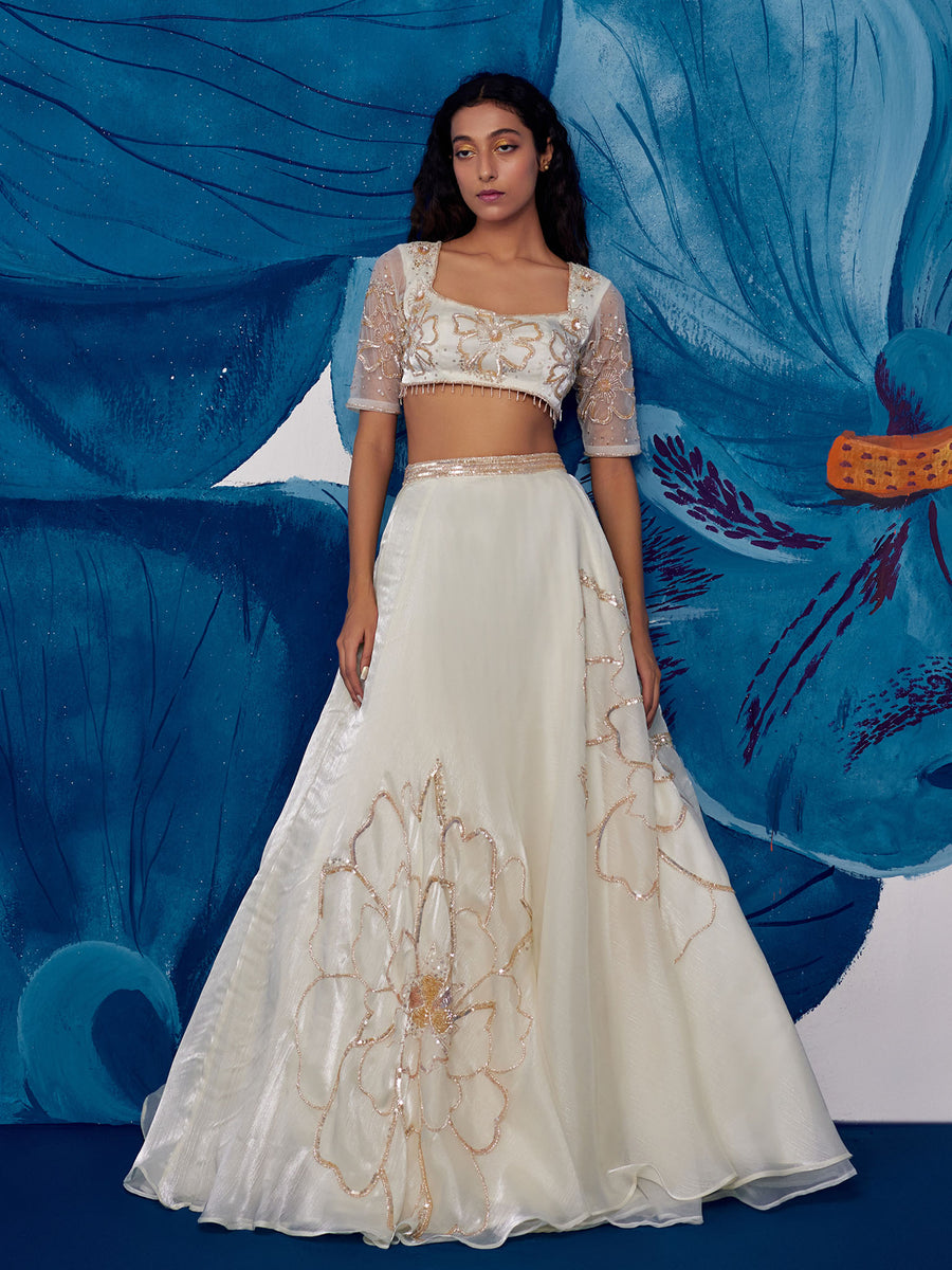 Starflower Rose Gold Silk Organza Lehenga Set