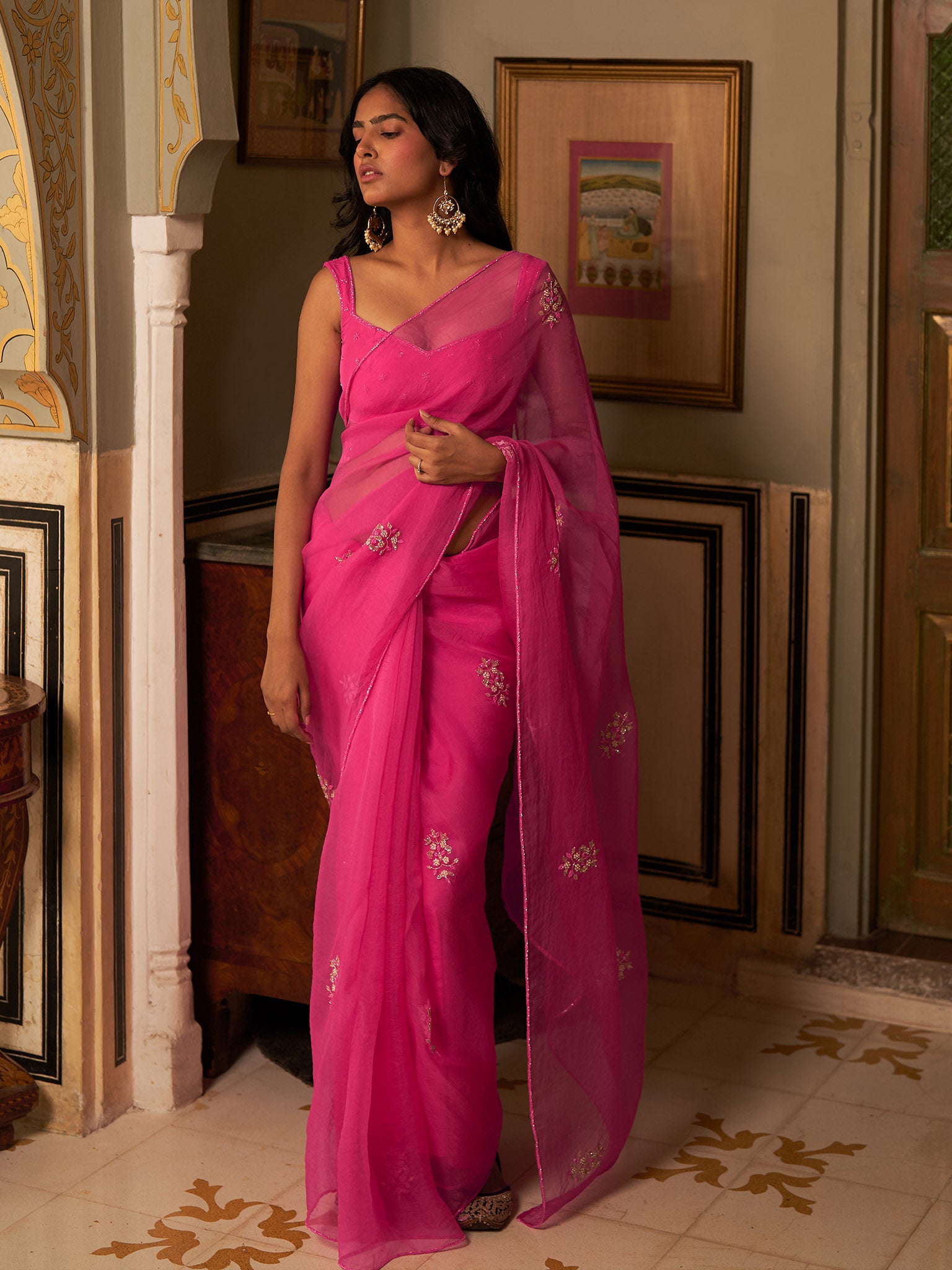 Fervor Rani Pink Silk Organza Saree Set