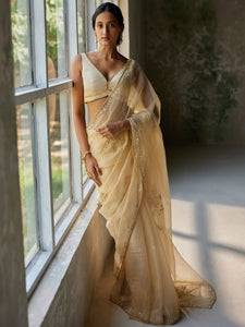 Reverie Golden Silk Organza Saree Set