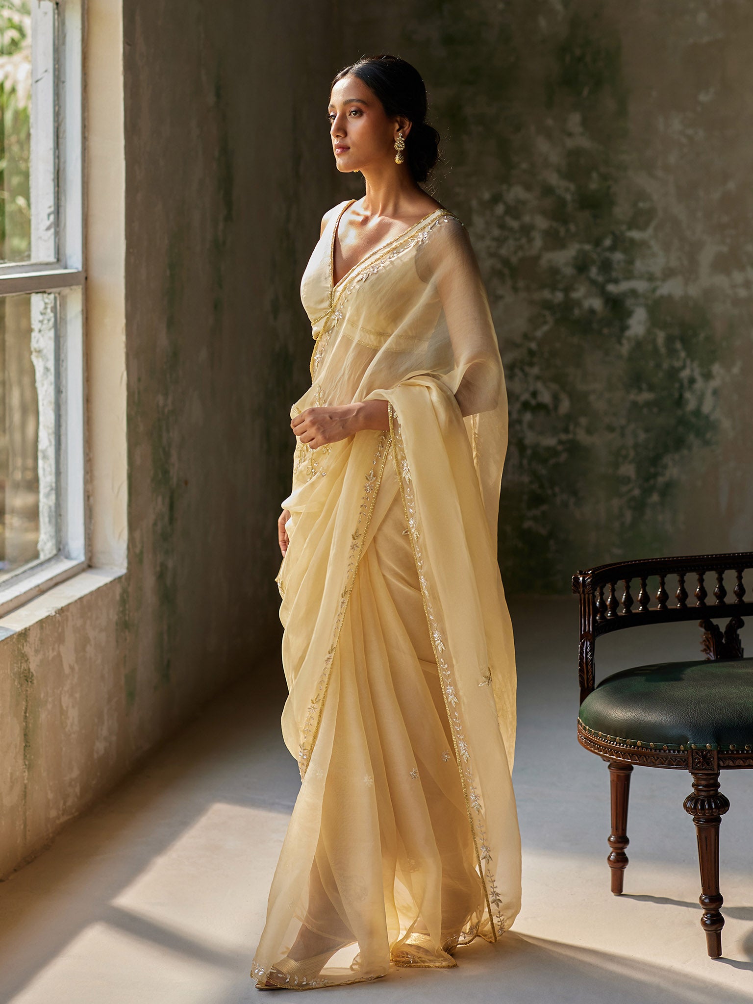 Reverie Golden Silk Organza Saree Set