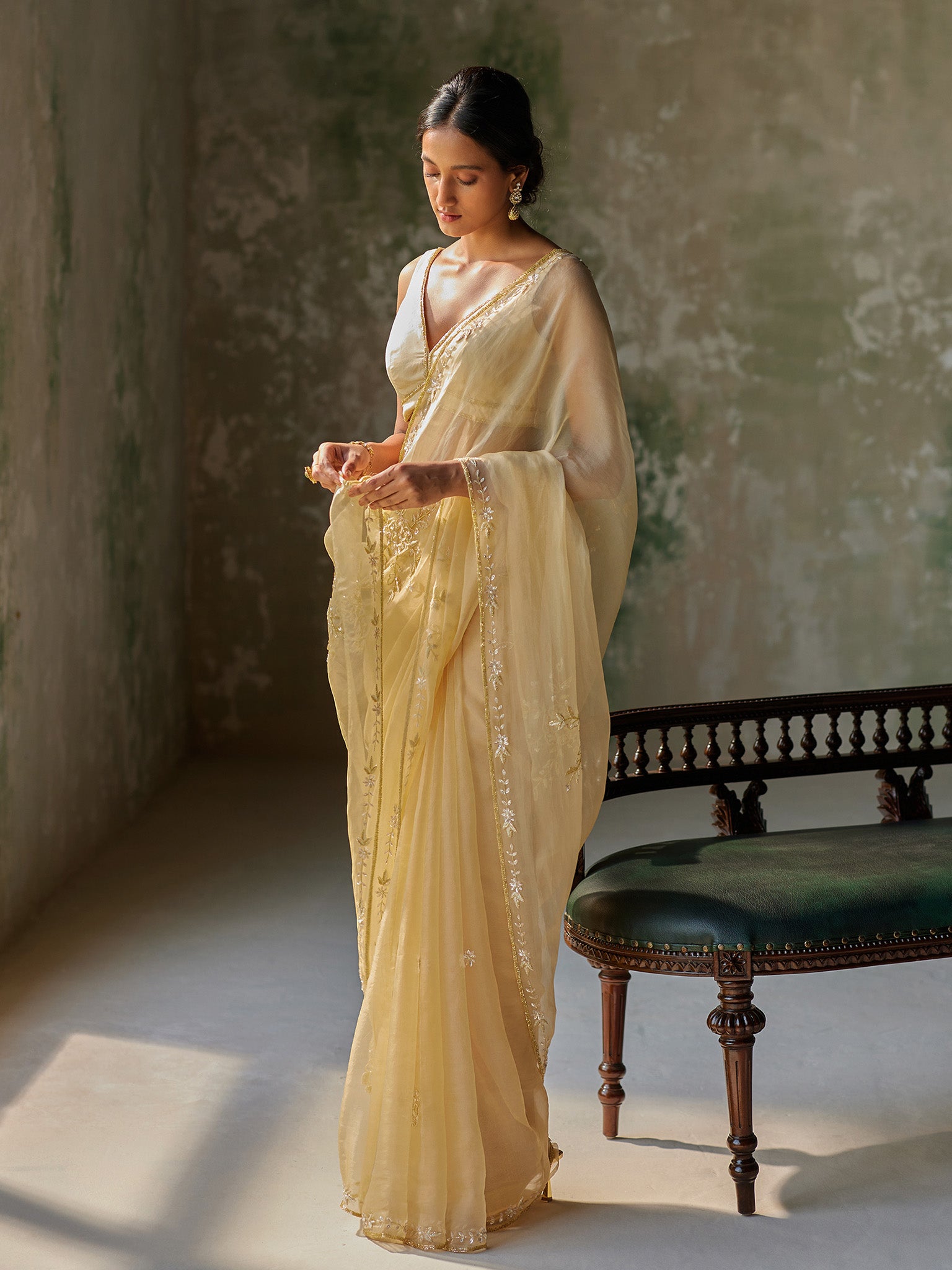 Reverie Golden Silk Organza Saree Set