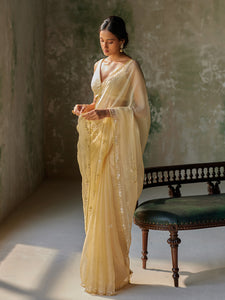 Reverie Golden Silk Organza Saree Set