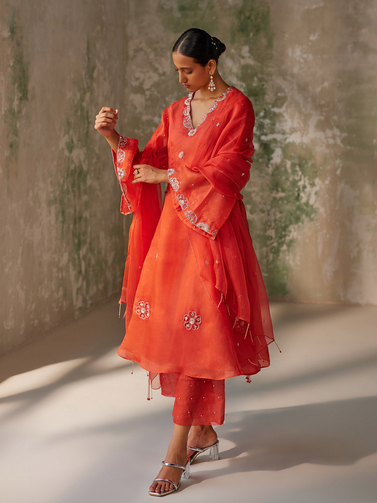 Enigma Red Silk Organza Kurta Set