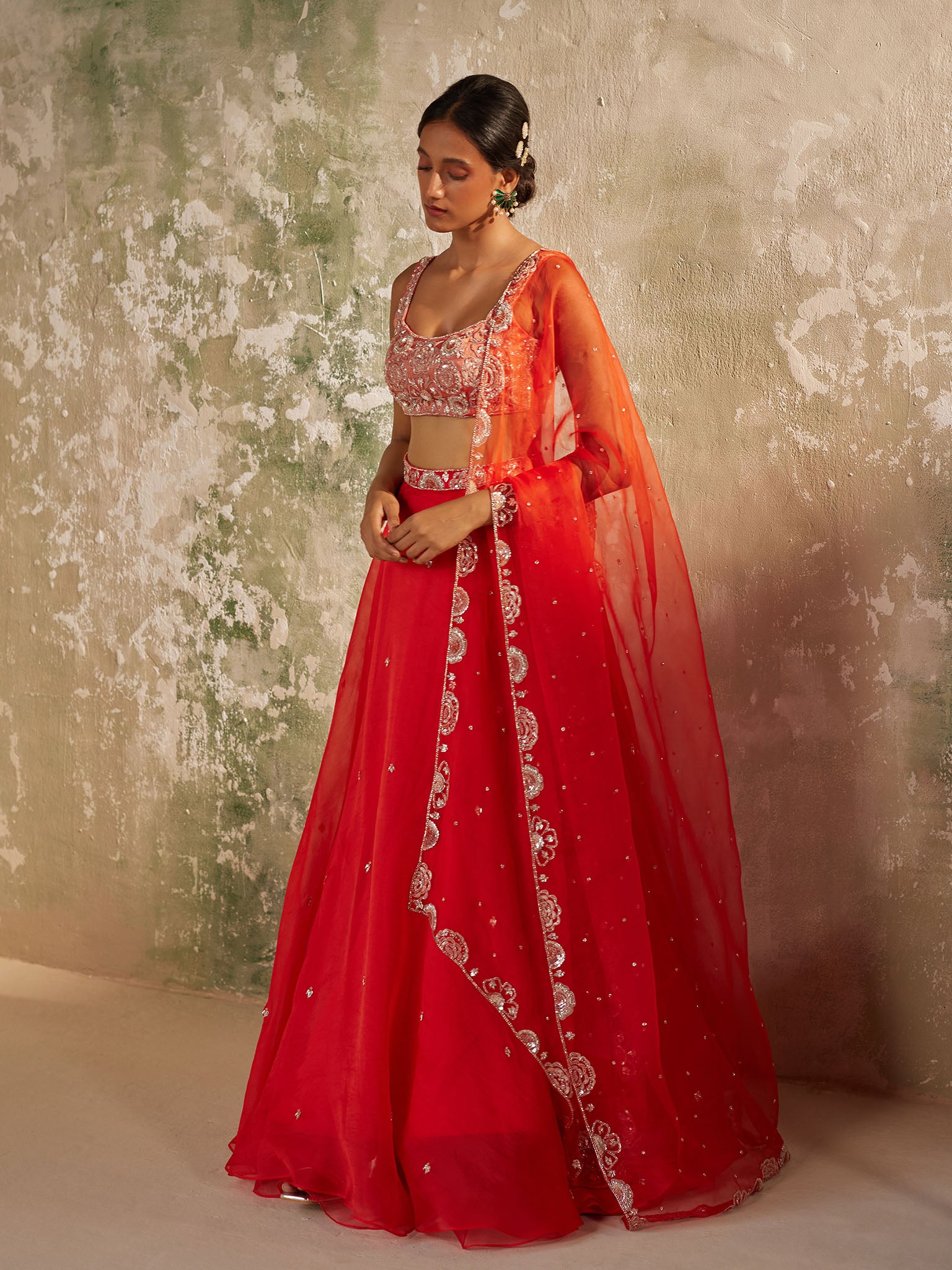 Gulmohar Red Silk Organza Lehenga Set