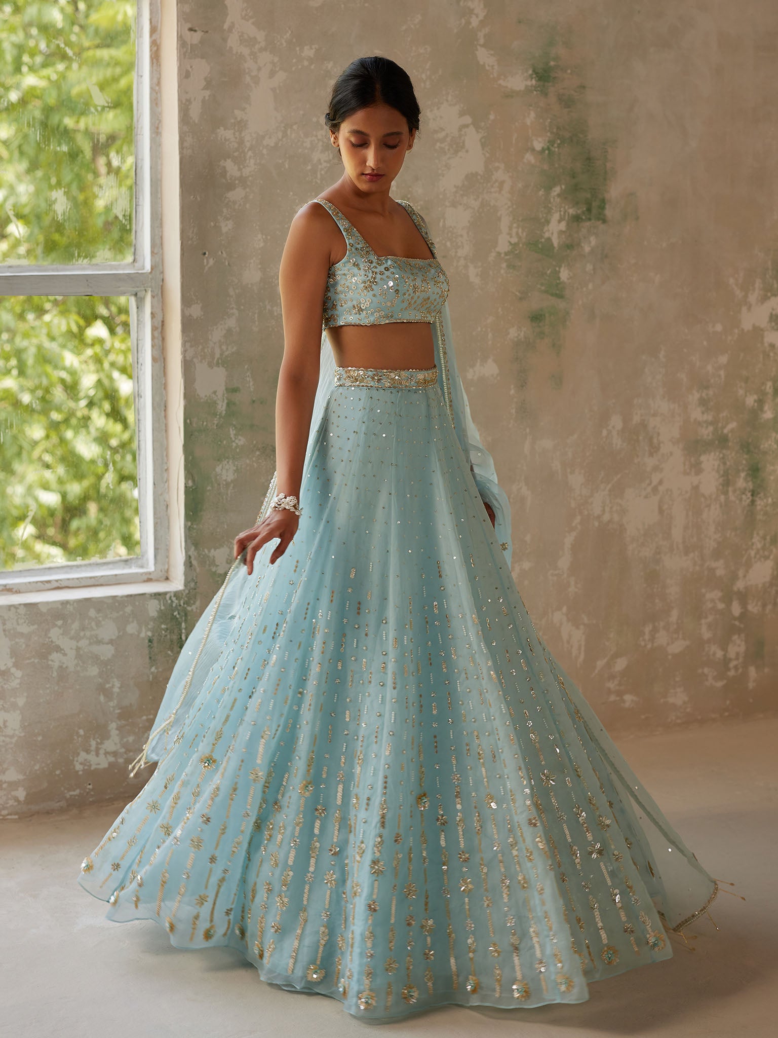 Blue Orchid Silk Organza Lehenga Set