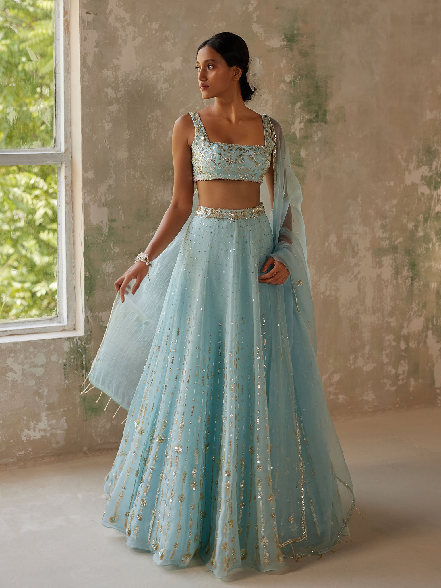 Blue Orchid Silk Organza Lehenga Set