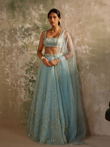 Blue Orchid Silk Organza Lehenga Set