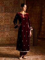 Load image into Gallery viewer, Gulnaar Maroon Velvet Suit Set
