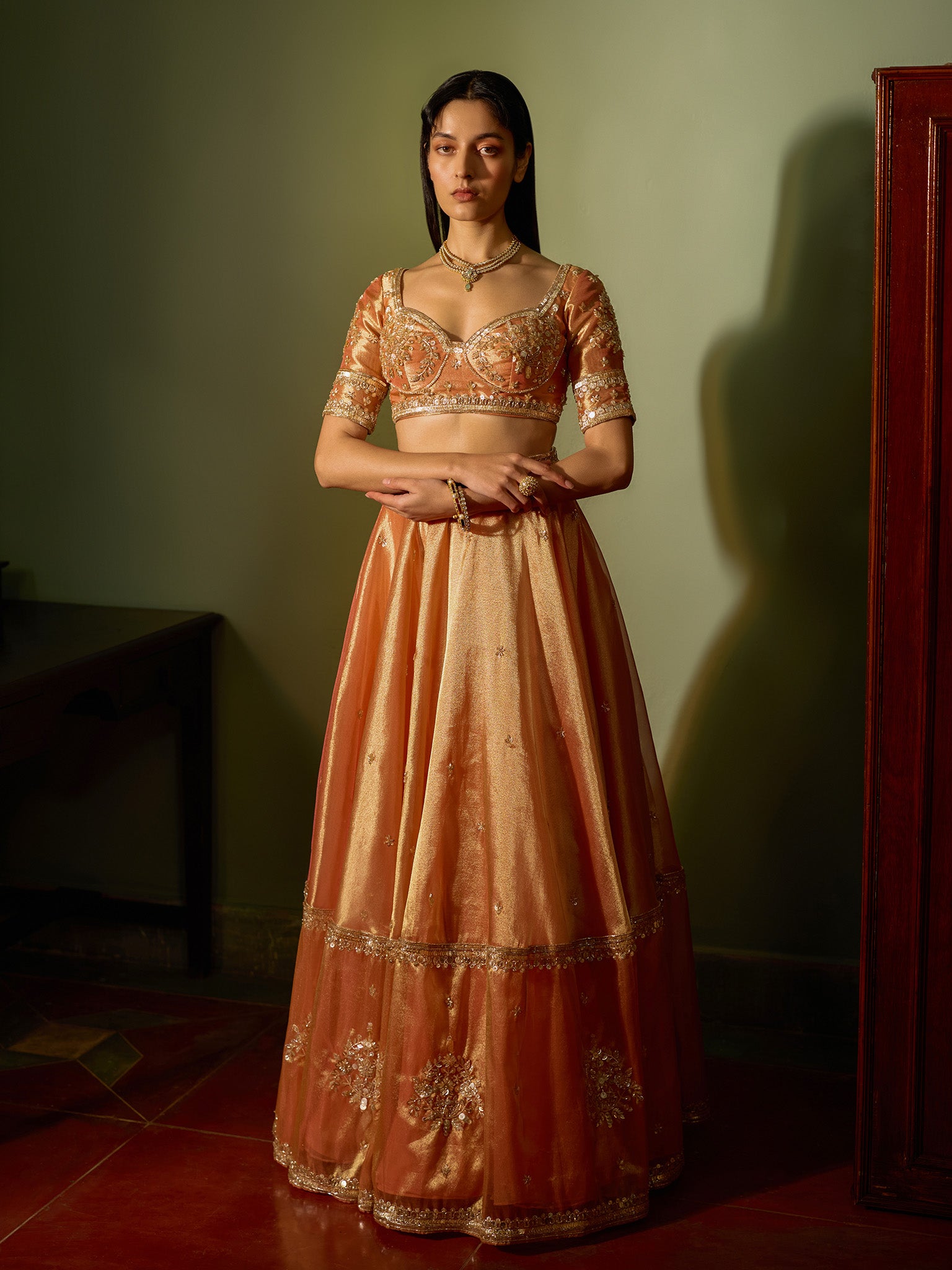 Light Salmon Tissue Lehenga Set