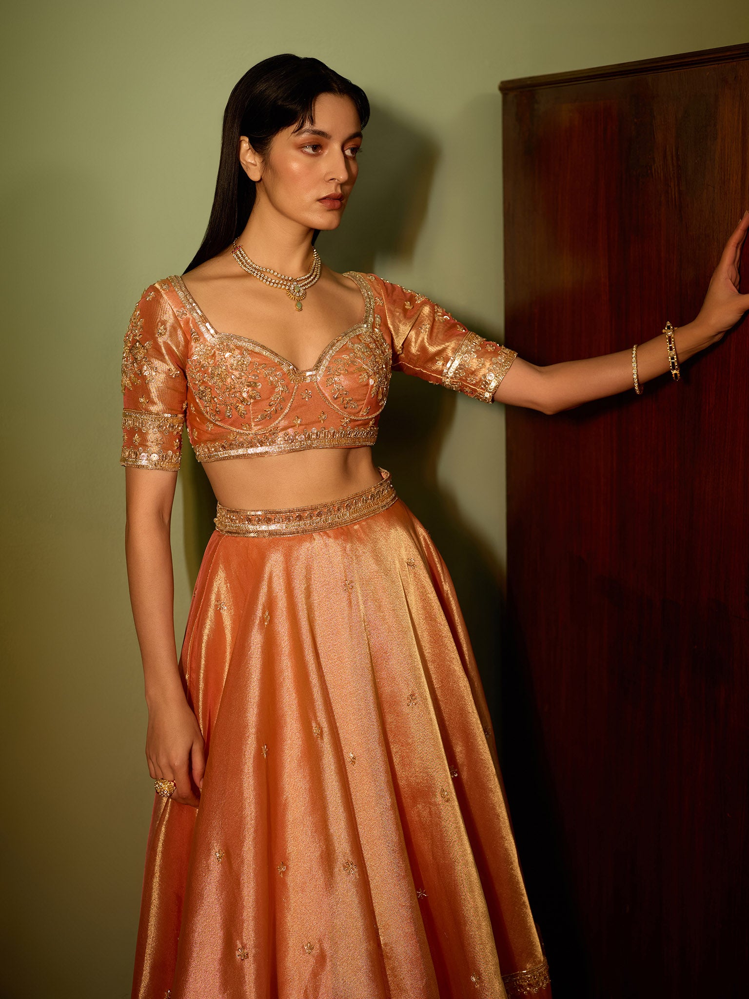 Light Salmon Tissue Lehenga Set