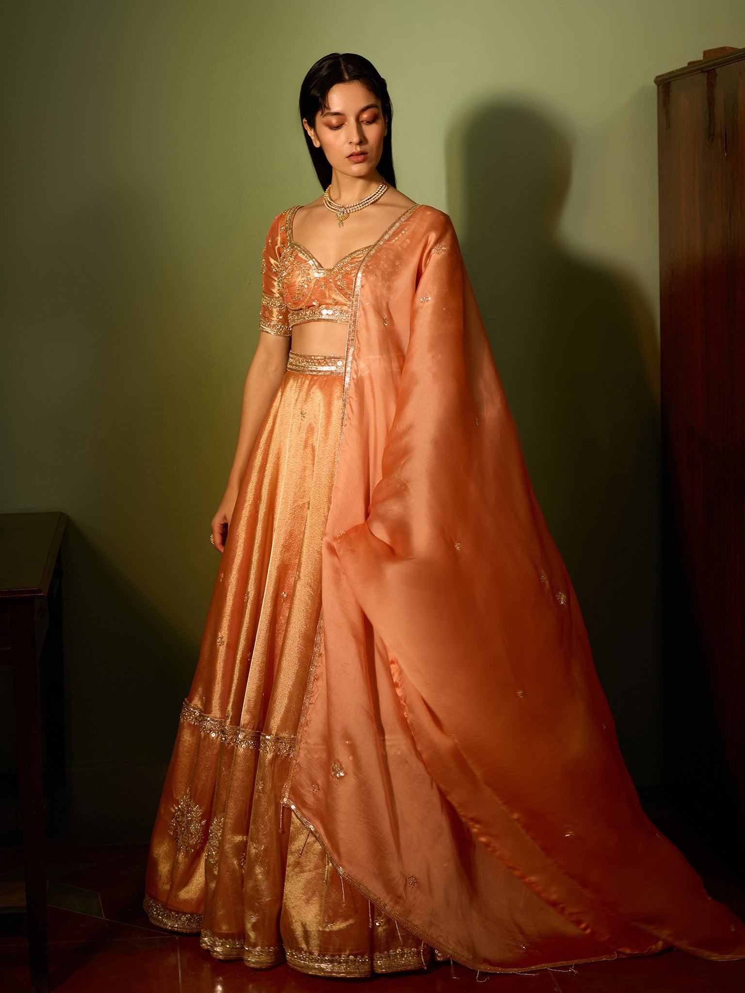 Light Salmon Tissue Lehenga Set