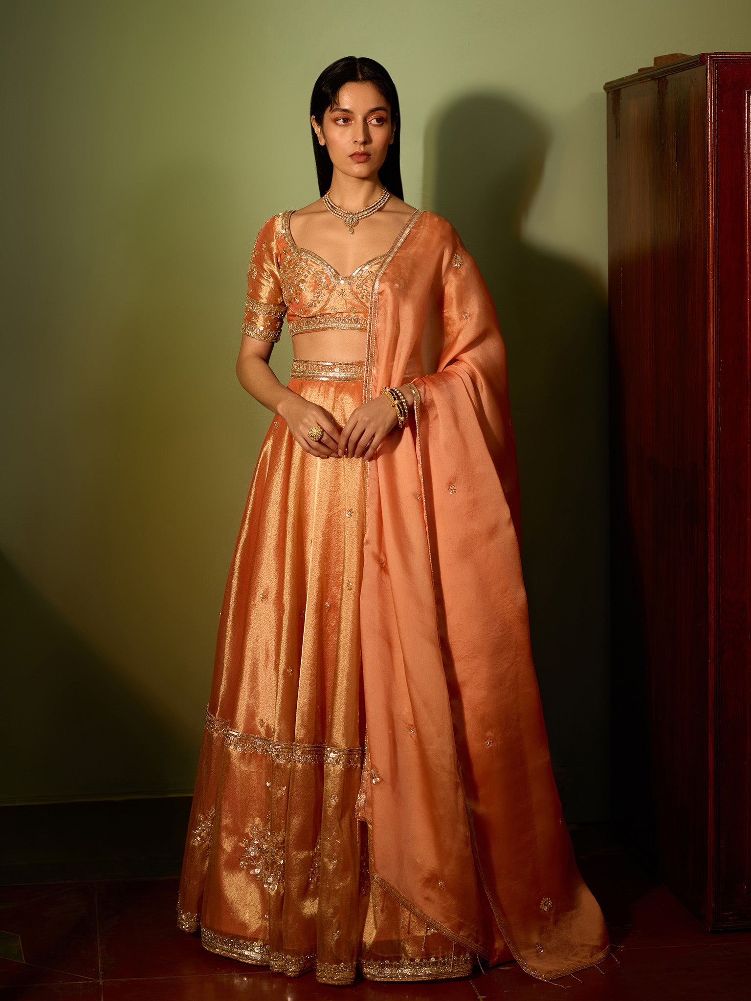 Light Salmon Tissue Lehenga Set