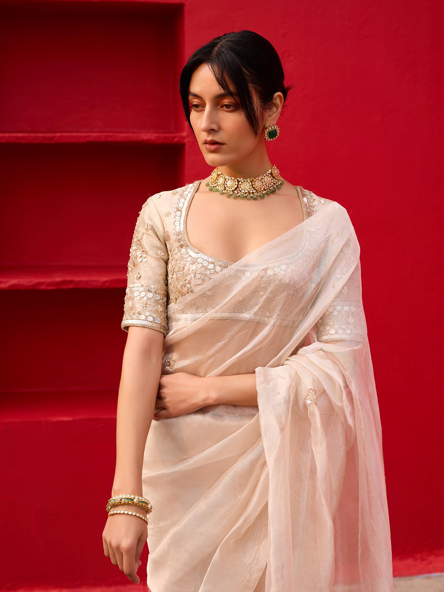 Kliantha White-Gold Saree Set