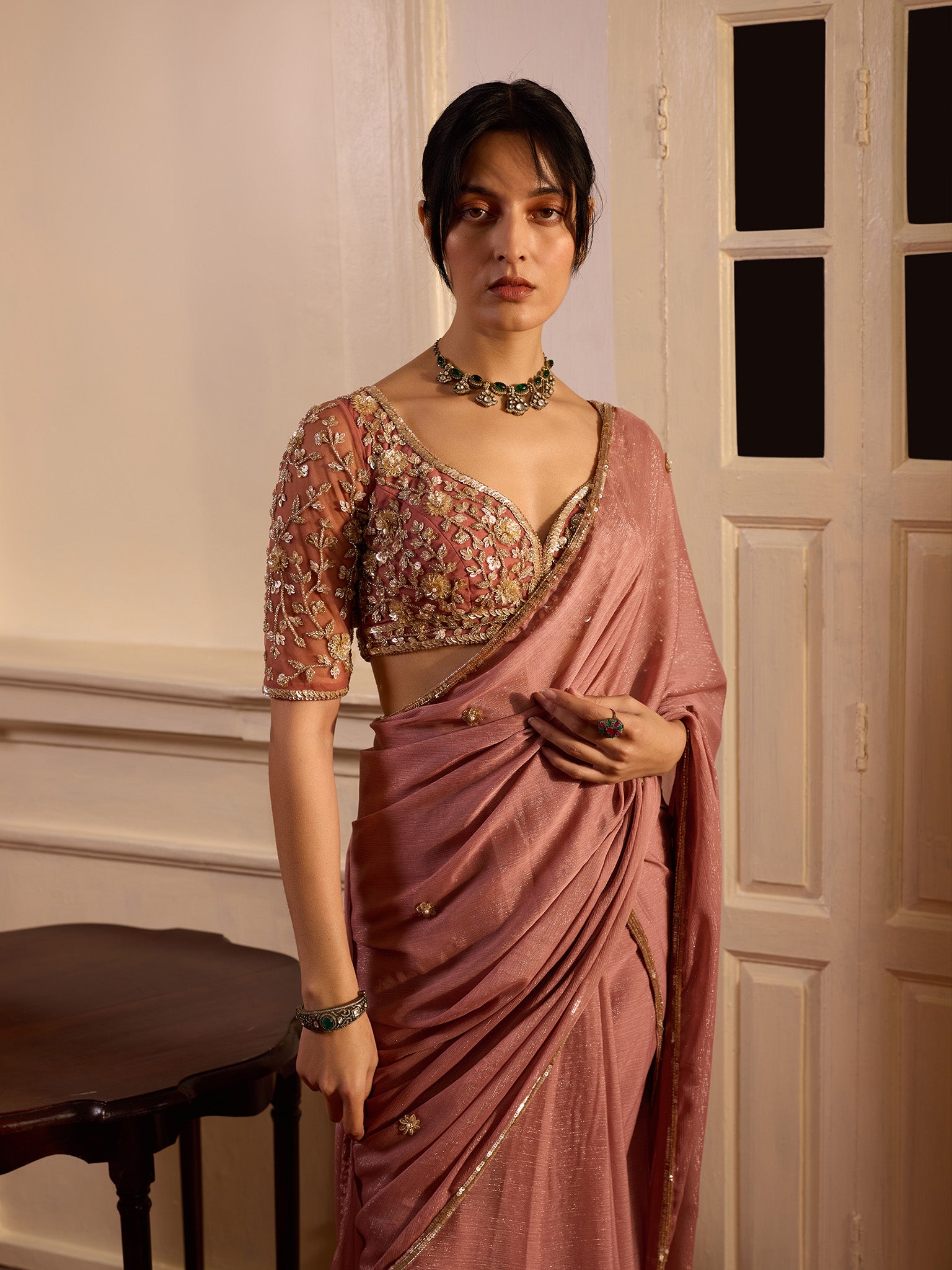 Dusty Onion Pink Draped Saree Set