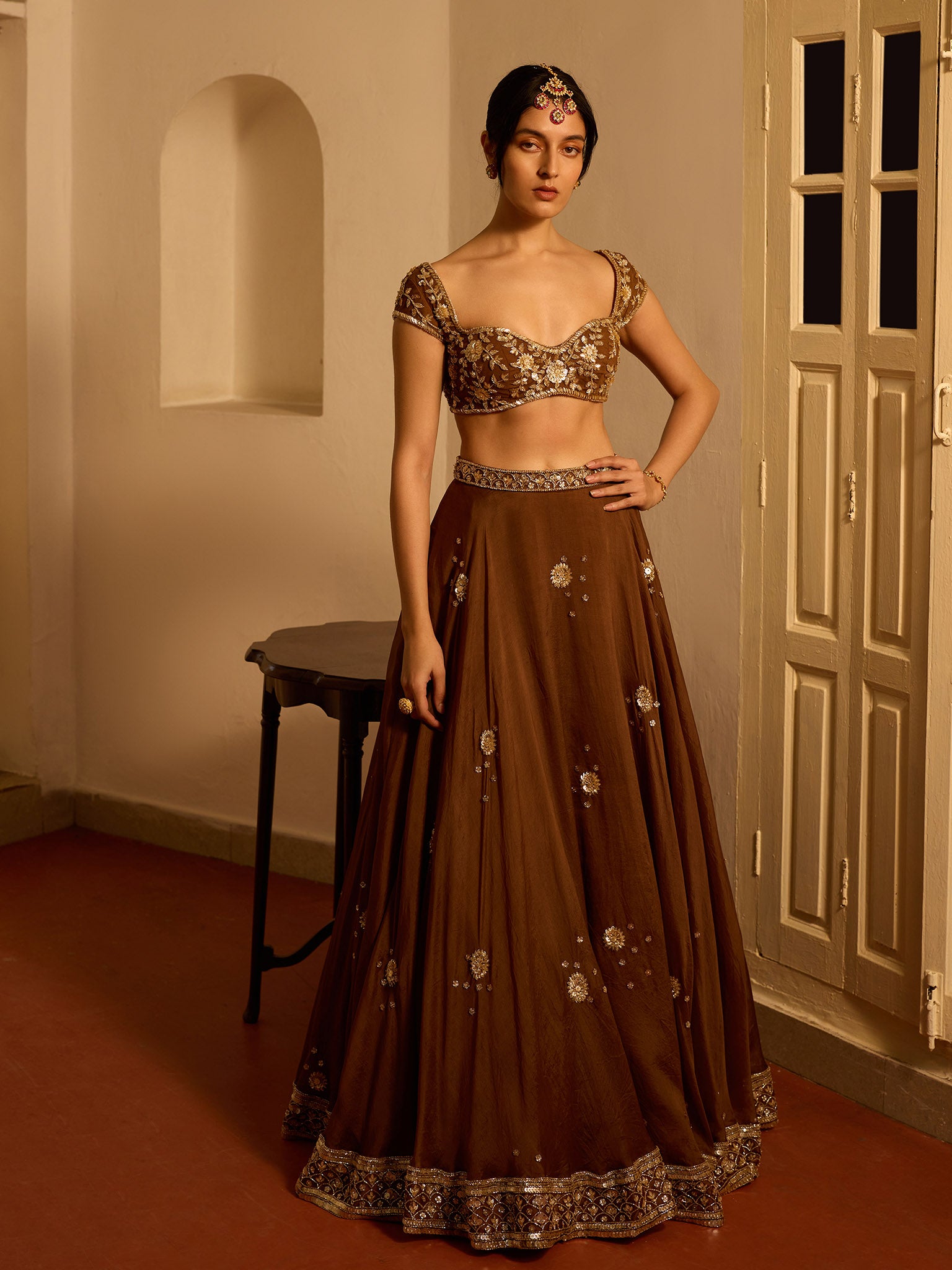 Chocolate Cosmos Organza Lehenga Set