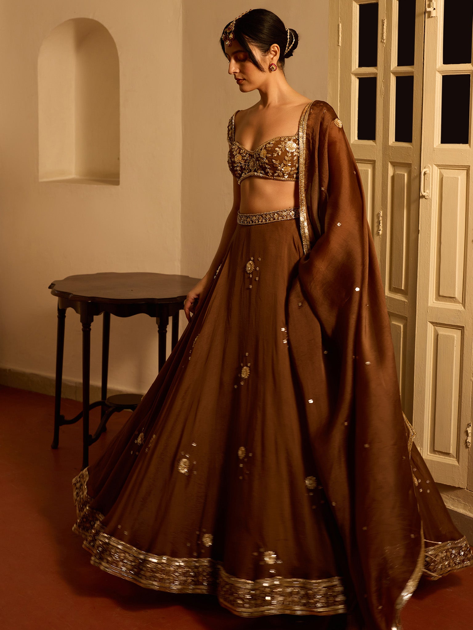 Chocolate Cosmos Organza Lehenga Set