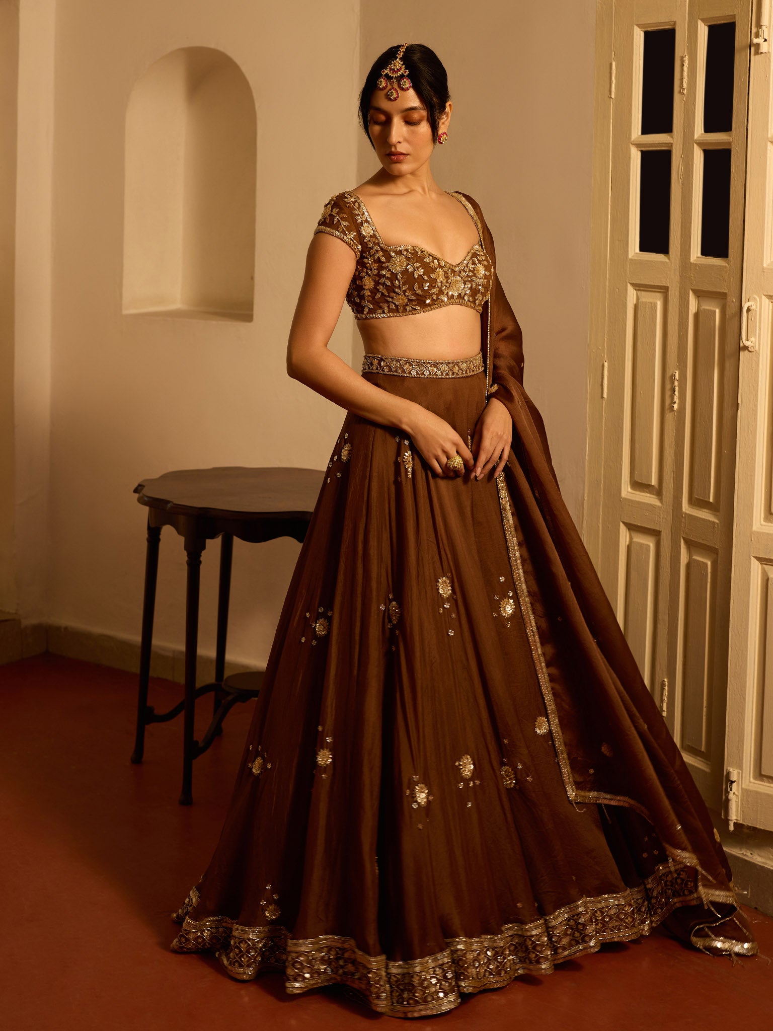 Chocolate Cosmos Organza Lehenga Set