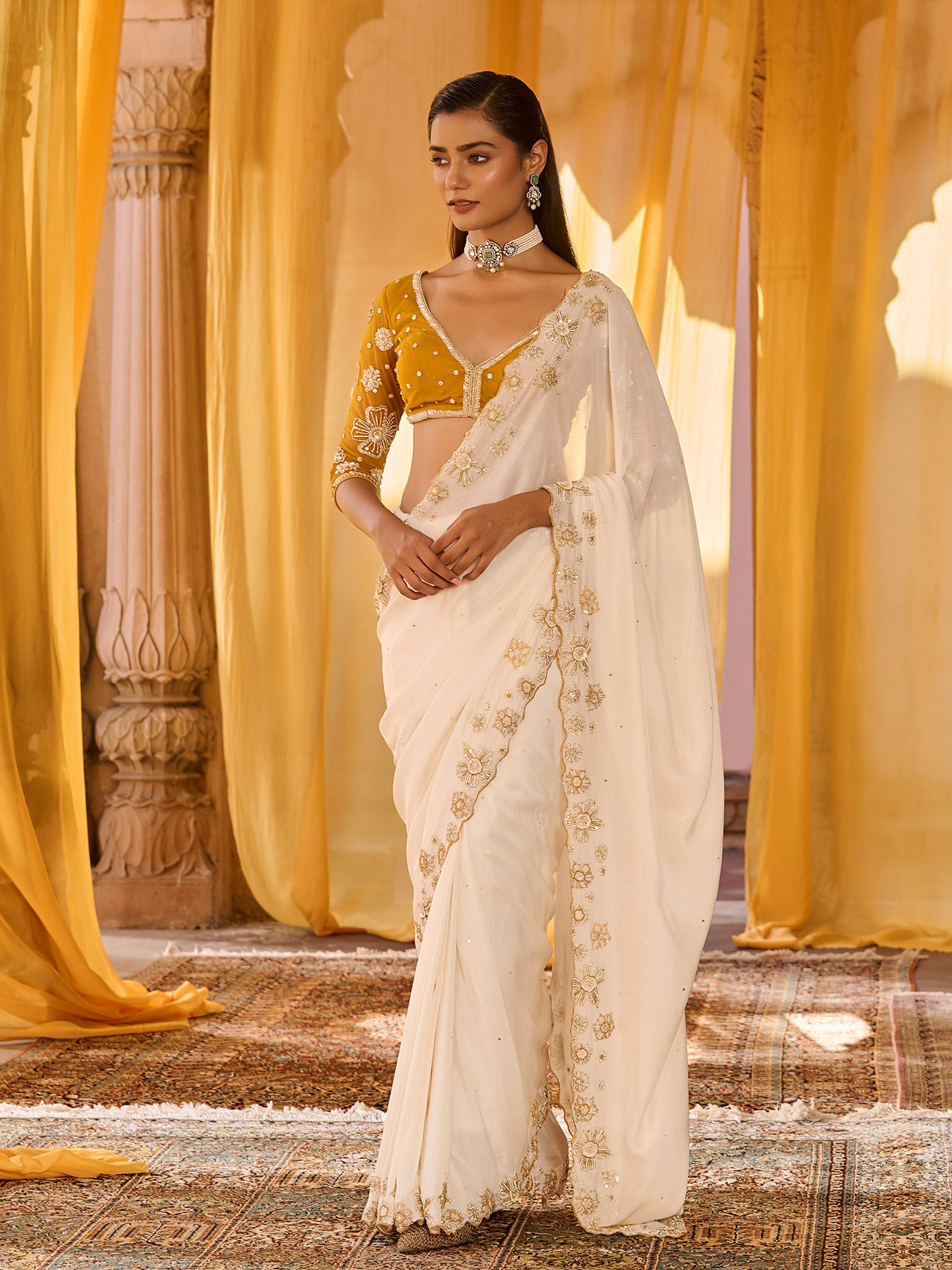 Mustard Muse Chiffon Saree Set