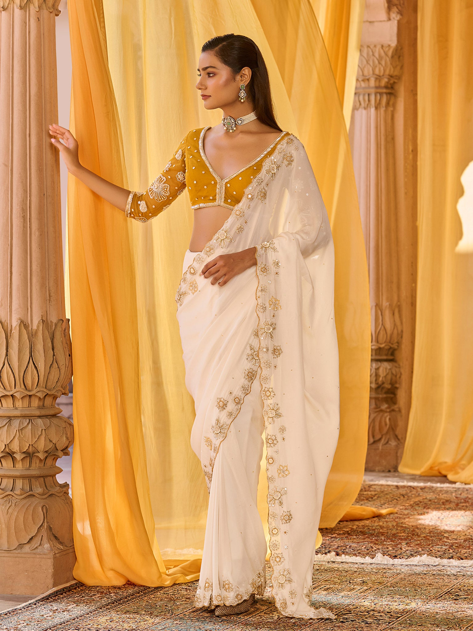 Mustard Muse Chiffon Saree Set