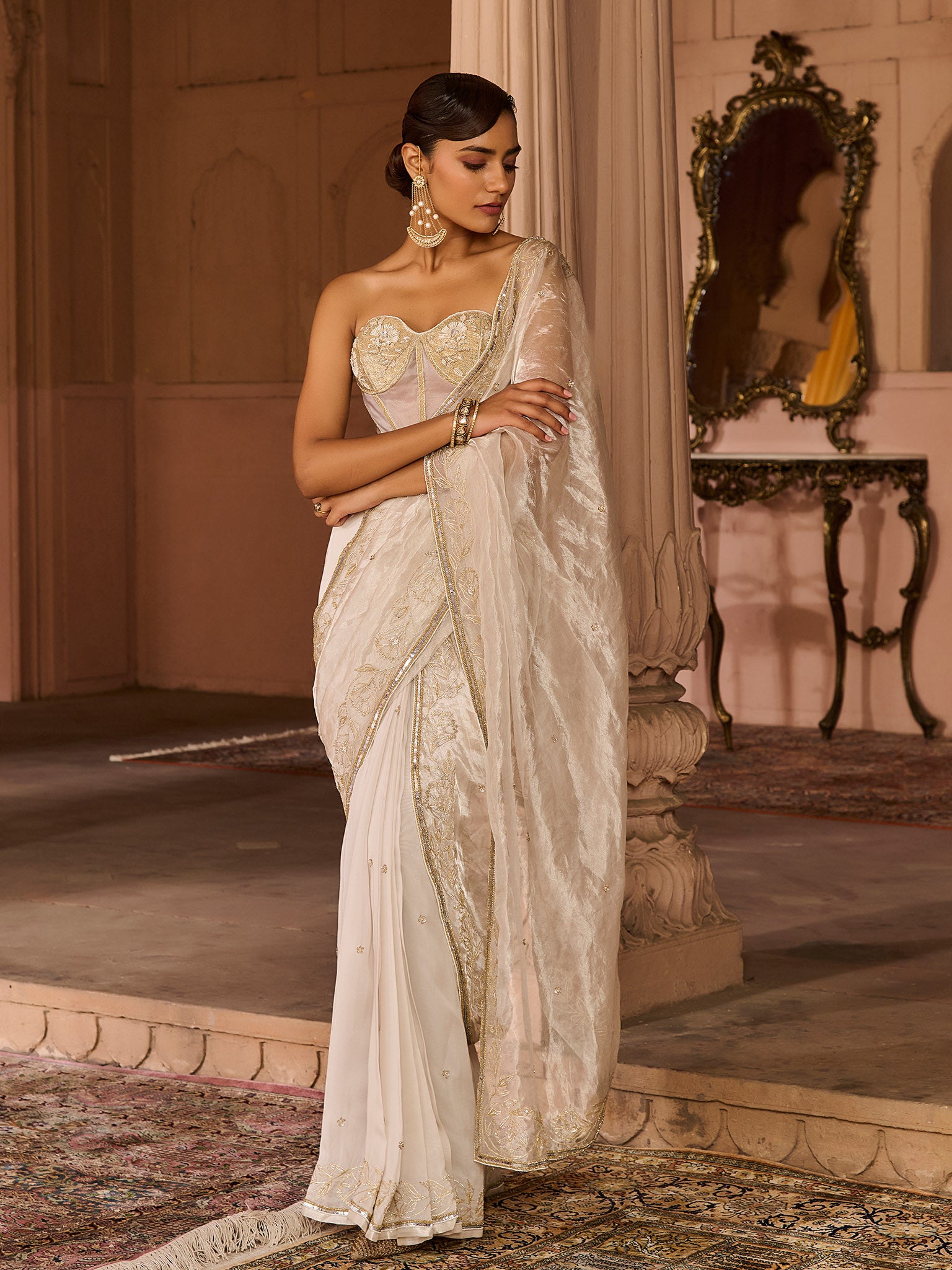 Platinum Tissue Draped Saree Set
