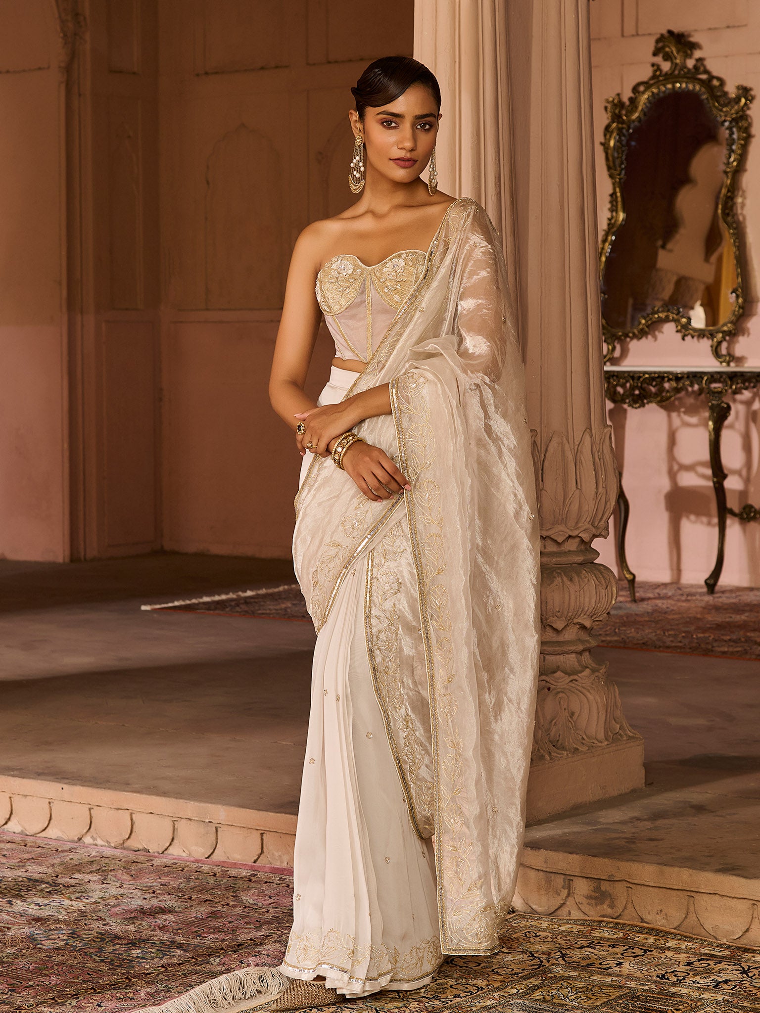 Platinum Tissue Draped Saree Set