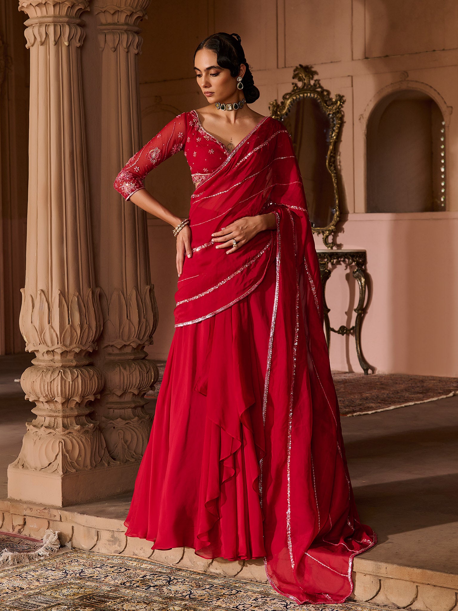Enchanted Deep Crimson Draped Saree Set
