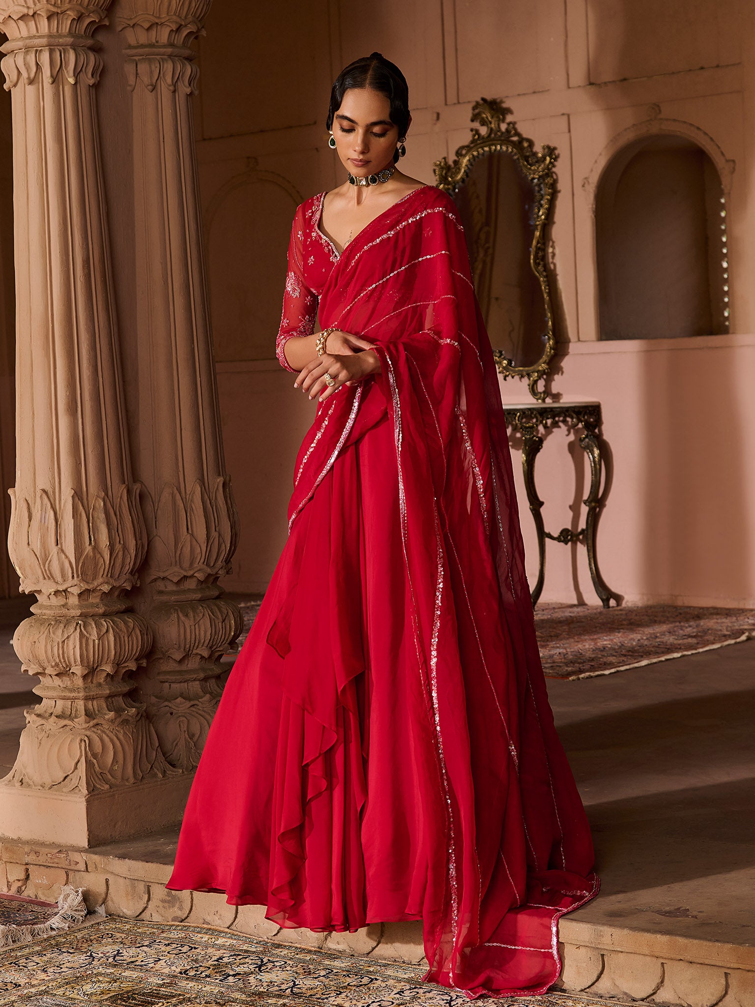 Enchanted Deep Crimson Draped Saree Set