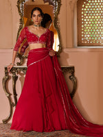 Load image into Gallery viewer, Enchanted Deep Crimson Draped Saree Set
