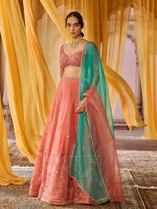 Coral Bloom Organza Lehenga Set