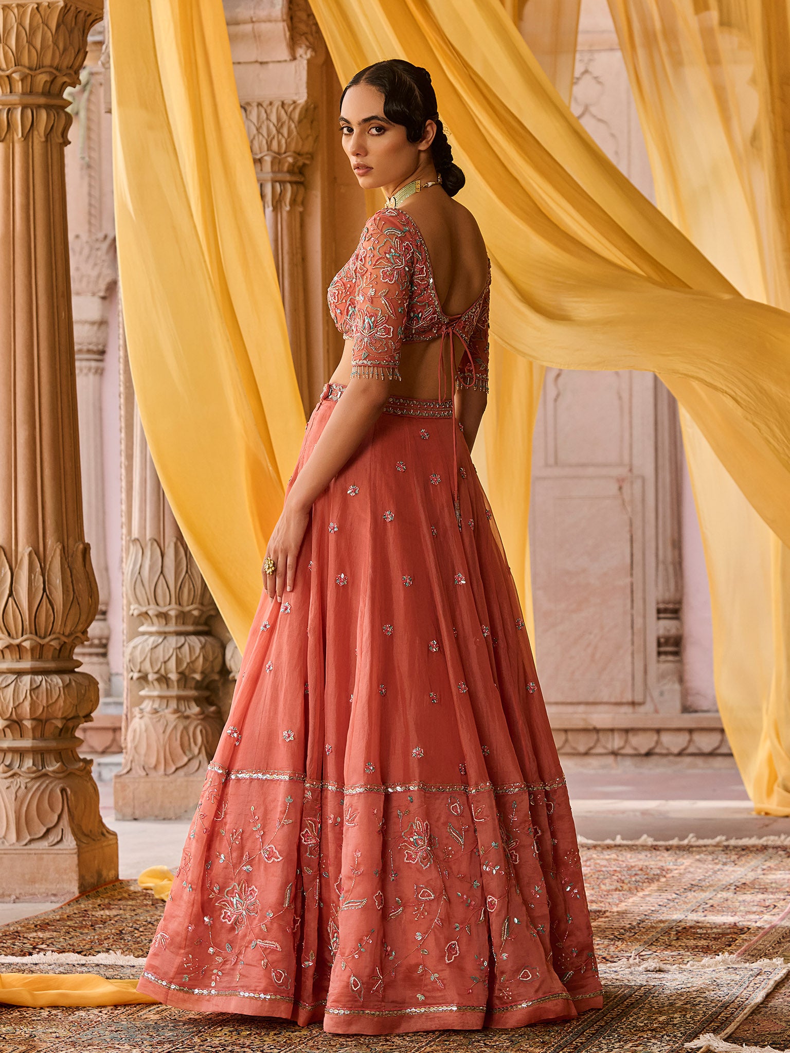 Coral Bloom Organza Lehenga Set