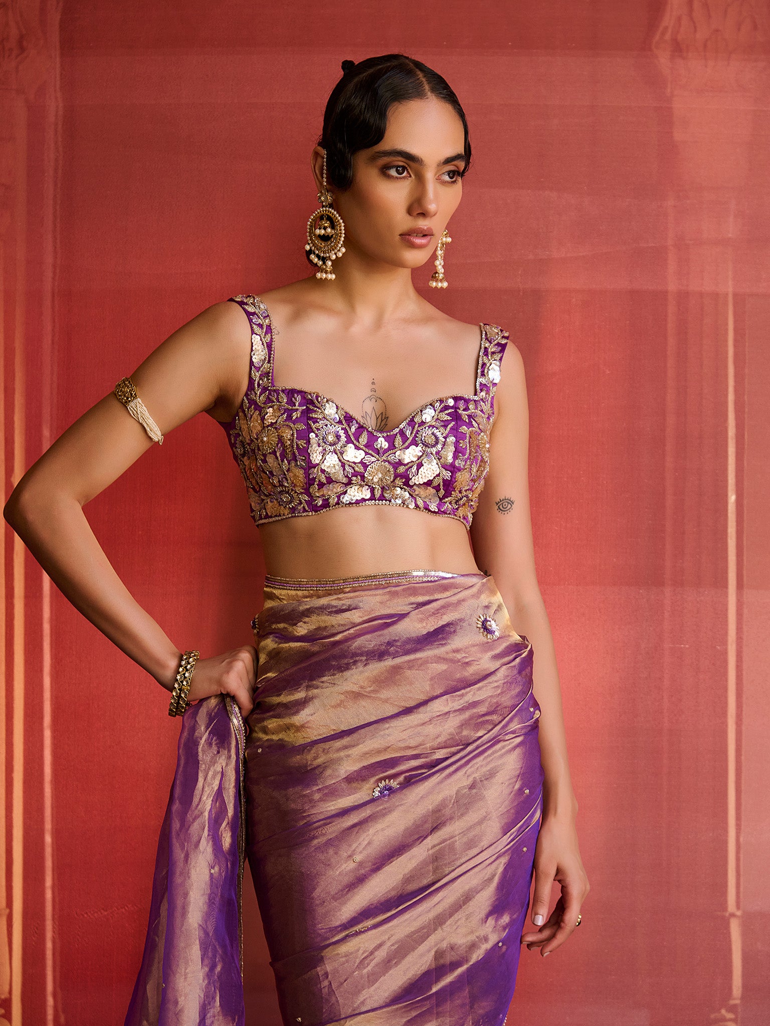 Velour Violet Tissue Saree Set