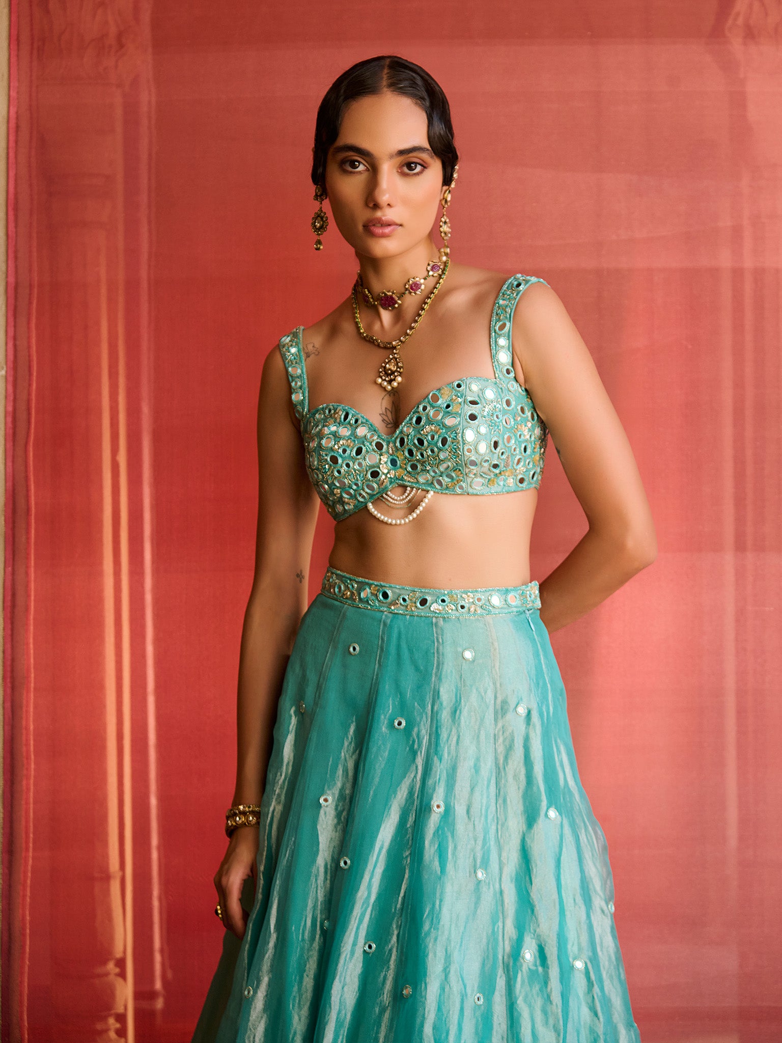 Ocean Turquoise Tissue Lehenga Set