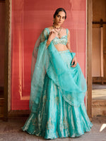 Load image into Gallery viewer, Ocean Turquoise Tissue Lehenga Set
