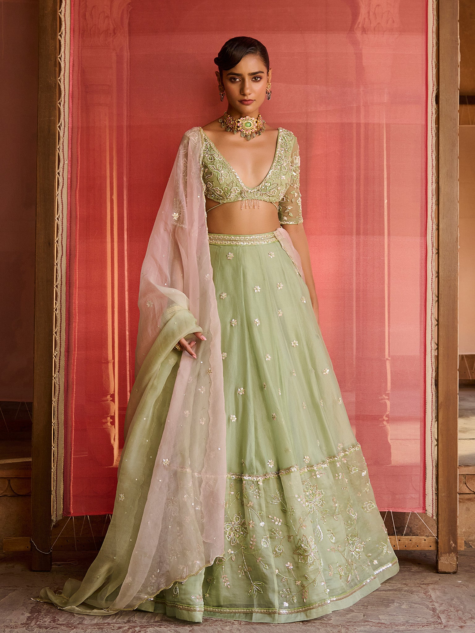 Lushleaf Green Organza Lehenga Set