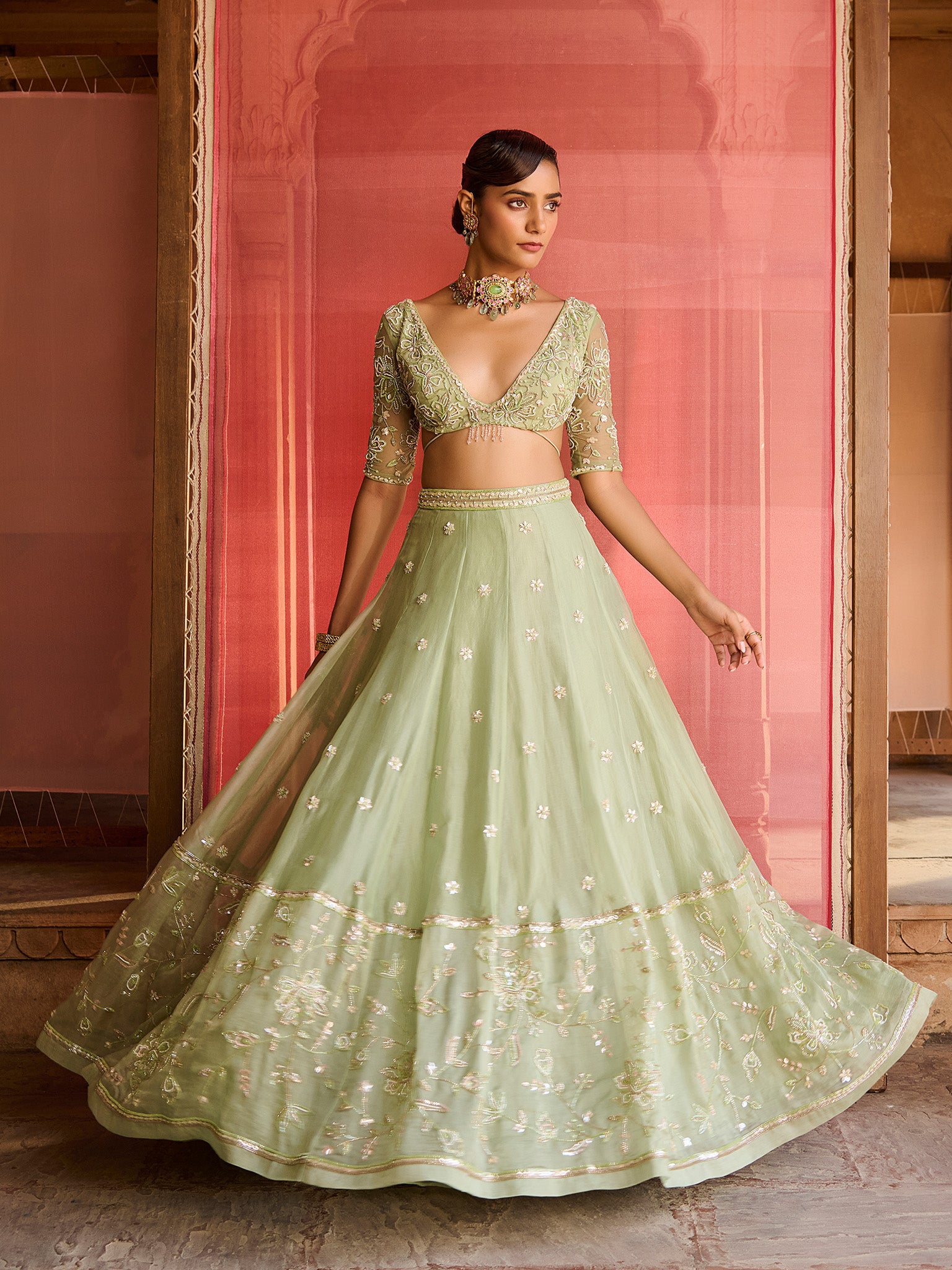 Lushleaf Green Organza Lehenga Set
