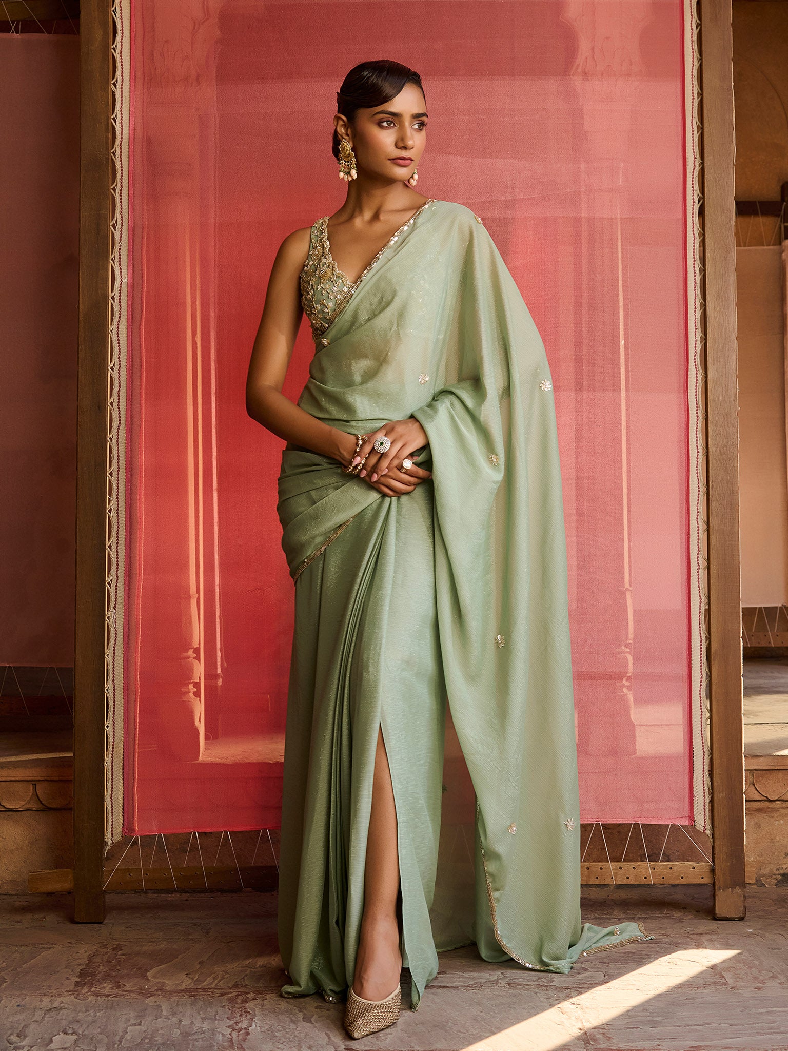 Elara Sage Green Saree Set