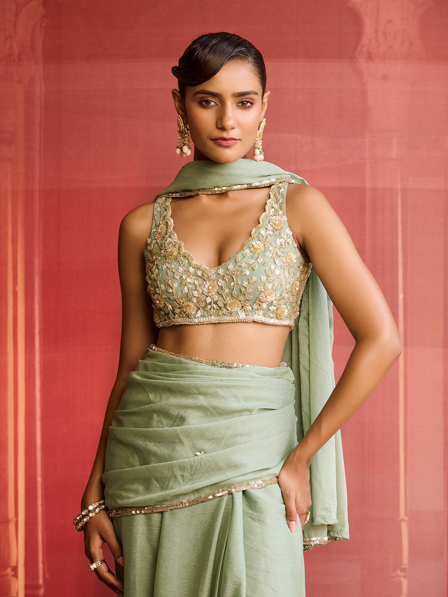 Elara Sage Green Saree Set