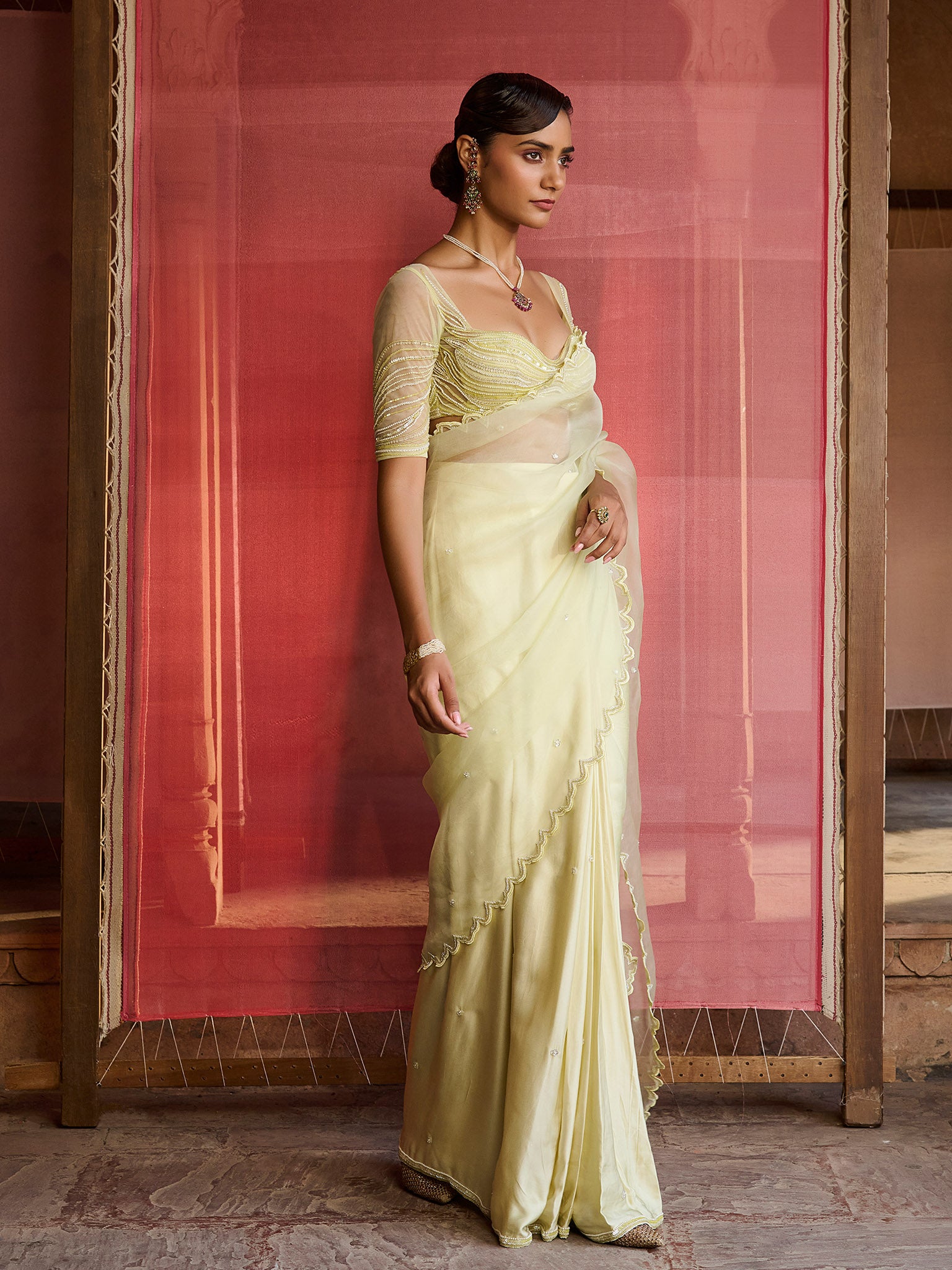 Zest Lime Green Draped Saree Set