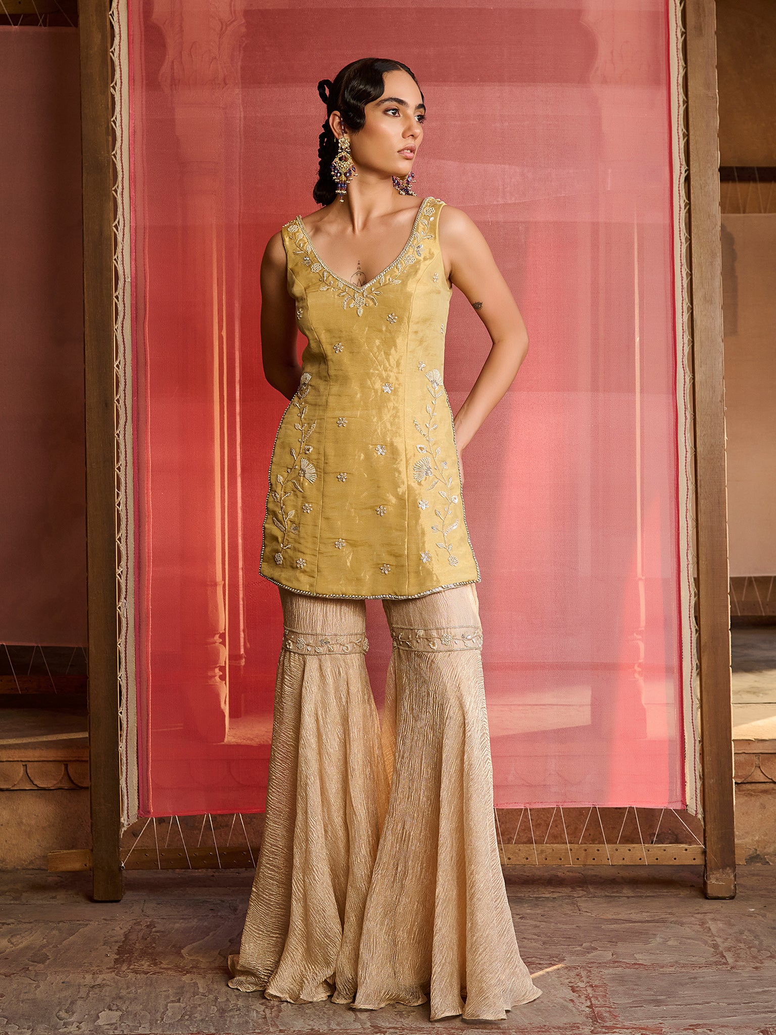 Elina Muted Lime Gold Sharara Set