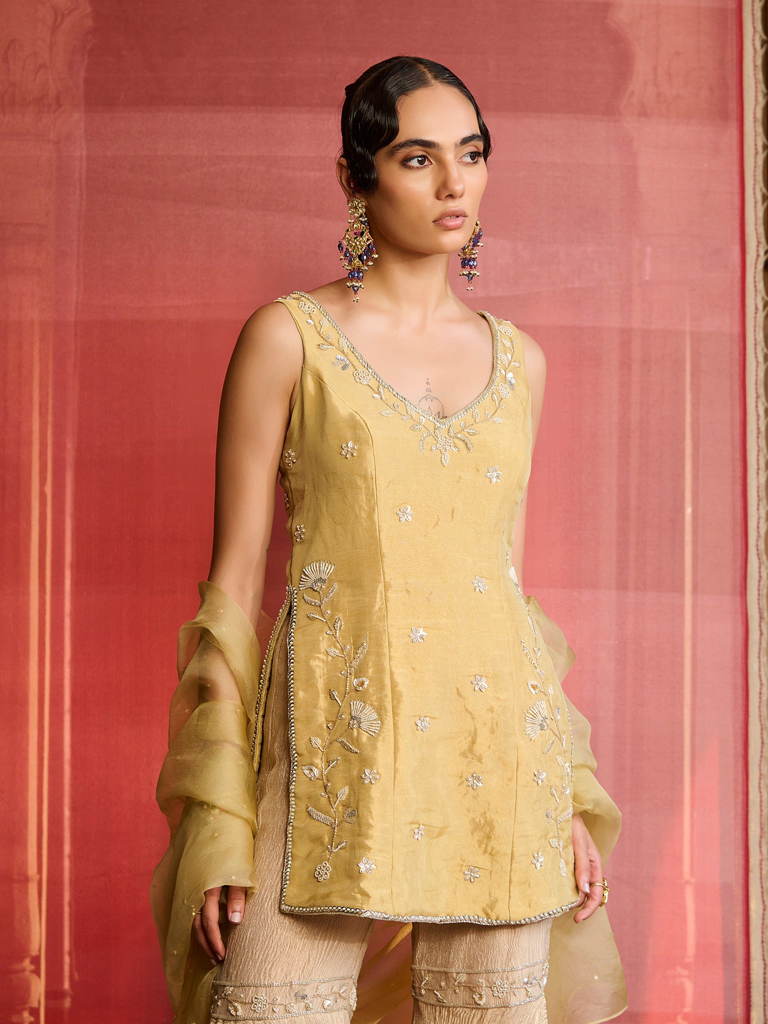 Elina Muted Lime Gold Sharara Set