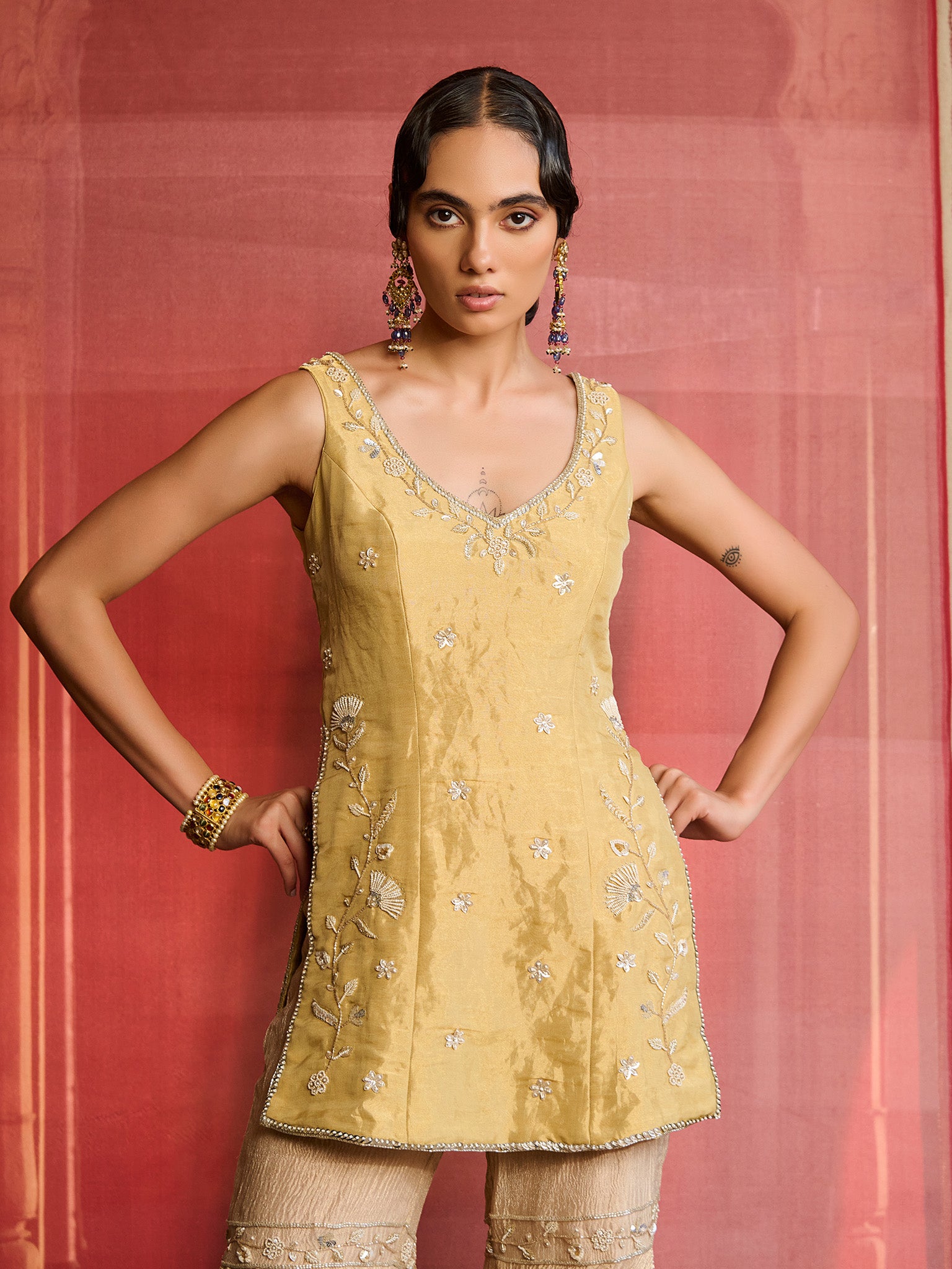 Elina Muted Lime Gold Sharara Set