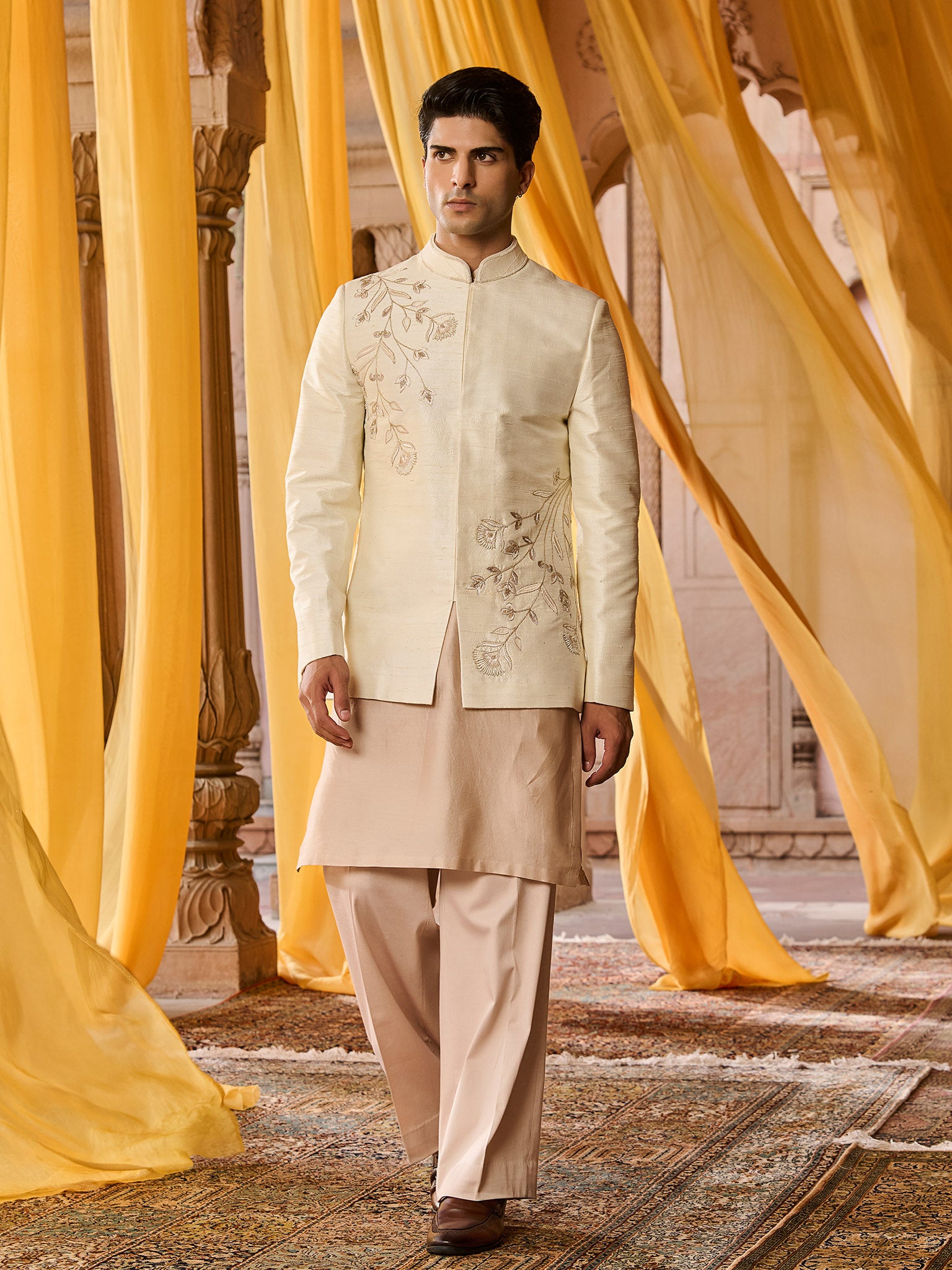 Amara Beige White Nehru Jacket Set