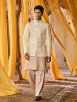 Load image into Gallery viewer, Amara Beige White Nehru Jacket Set
