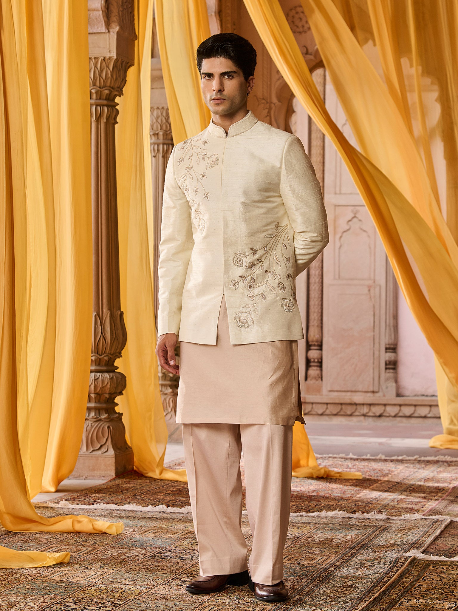 Amara Beige White Nehru Jacket Set