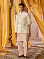 Load image into Gallery viewer, Amara Beige White Nehru Jacket Set
