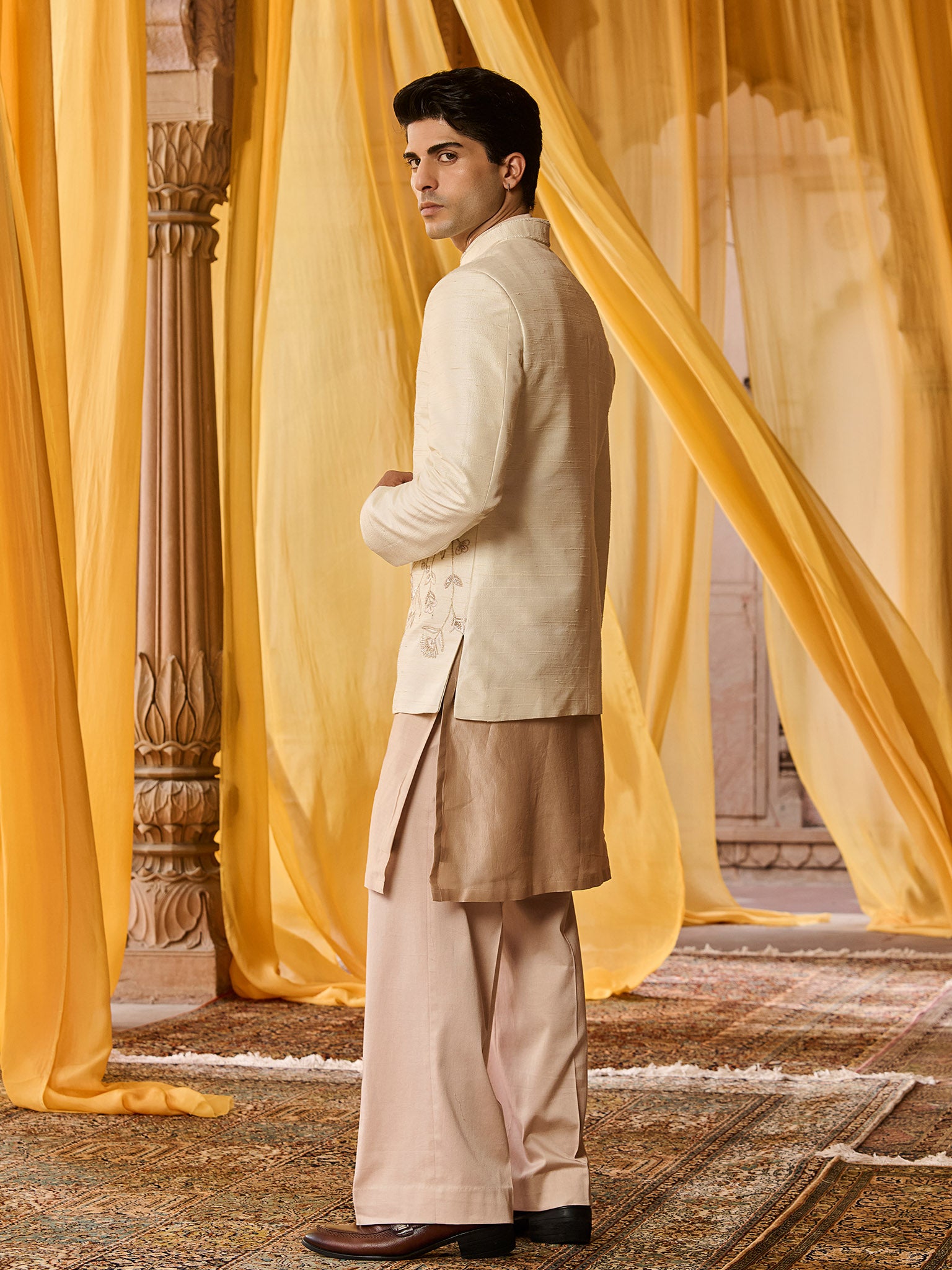 Amara Beige White Nehru Jacket Set