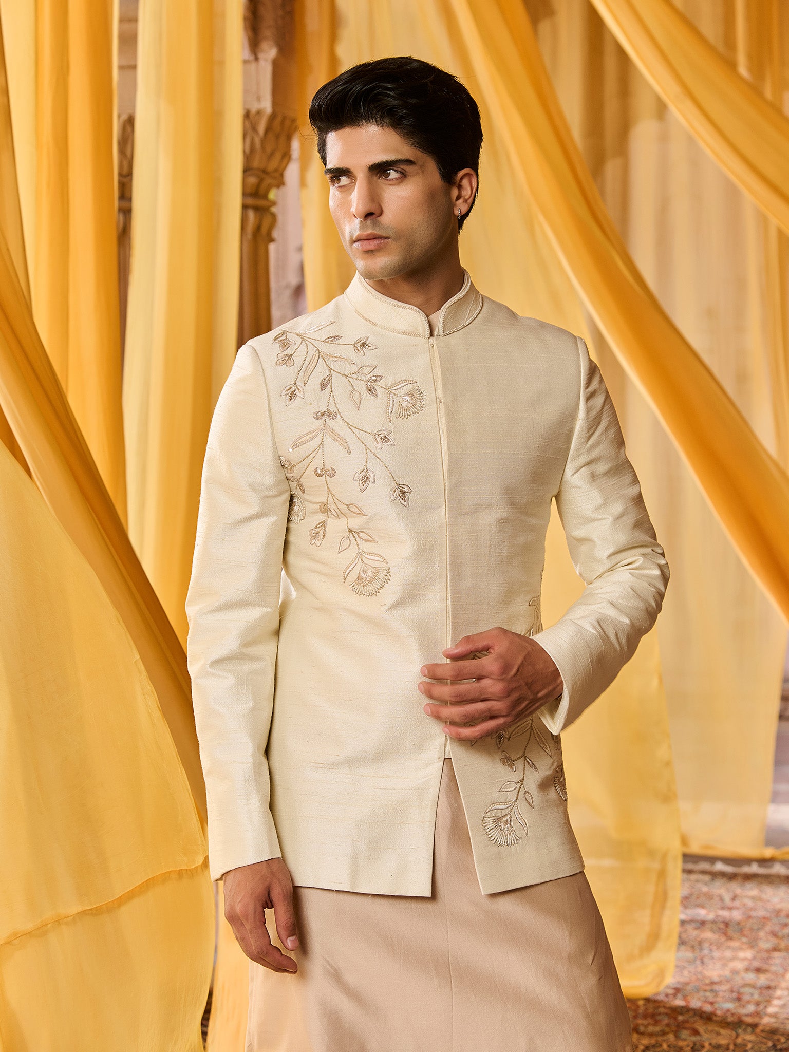 Amara Beige White Nehru Jacket Set