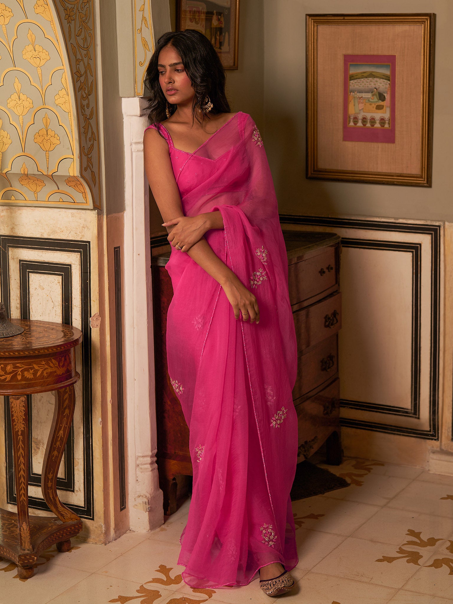 Fervor Rani Pink Silk Organza Saree Set